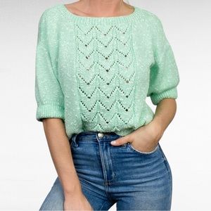 VINTAGE | Mint Green Hallow Out Knit Lace Chevron Cuffed Sleeve Pullover Sweater
